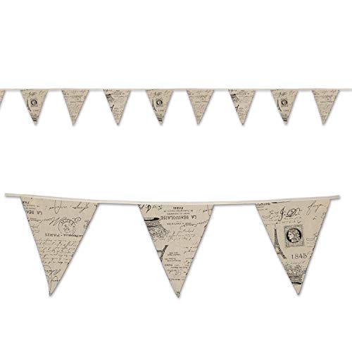 Beistle French Fabric Pennant Banner, 9.5" x 12', Off-White/Black