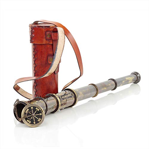 Nagina International 17" Brass Telescope with Brown Leather Case | Nautical Pirate Antique Replica Vintage Crafts Dollond London 1920 Handheld Spyglass with Safety Cover | Kids&