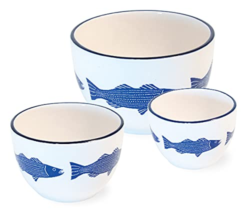Boston International Ceramic Nesting Prep Bowls, 3 Sizes, Striper Blue