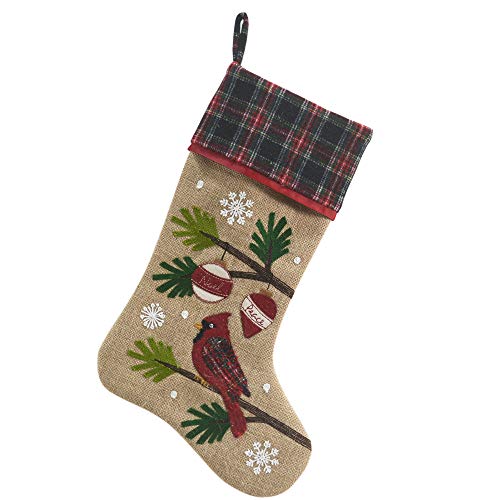 Comfy Hour Winter Holiday Home Collection 18"x11" Christmas Winter Cardinal Pine Tree Branch Ornament Snowflake Stocking, White and Gold, Jute