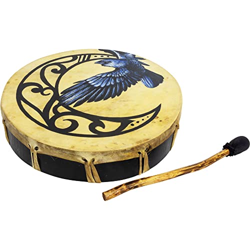 Kheops International Ceremonial Frame Drum - Moon & Raven, 12" diamerer, includes beater, Handmade & painted by artisans in Bali