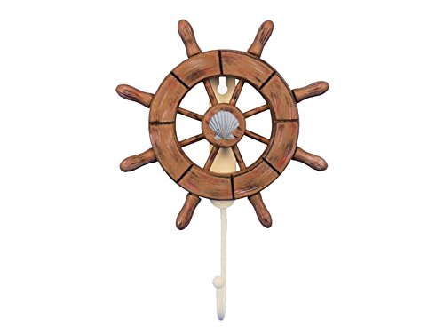 Hampton Iron Handcrafted Nautical Decor Rustic Wood Finish Decorative Ship Wheel with Seashell with Hook 6" - Wooden Sh