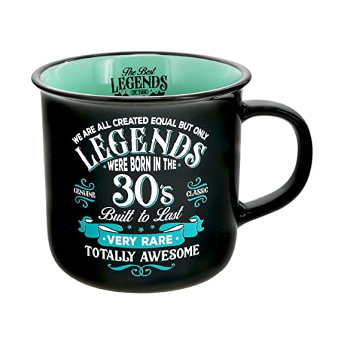 Pavilion Gift Company - Legends Were Born In The 30s - Ceramic 13-ounce Campfire Mug, Double Sided Coffee Cup, Funny Birthday Gift For Women or Men, 1 Count, 3.75 x 5 x 3.5-Inches, Black/Teal
