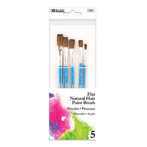 BAZIC Flat Natural Hair Paint Brush Set, Great for Acrylic Oil Watercolor Gouache Body Painting Skin Art Artist (5/Pack), 1-Pack