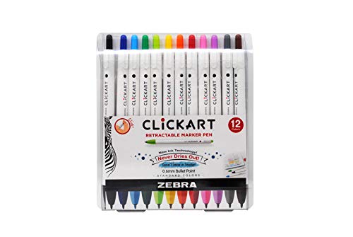 Zebra Pen Click Art Retractable Marker Pen, Fine Point, 0.6mm, Assorted Colors, 12 Pack