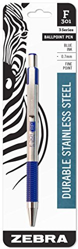 Zebra Pen F-301 Retractable Ballpoint Pen, Stainless Steel Barrel, Fine Point, 0.7mm, Blue Ink, 1-Pack