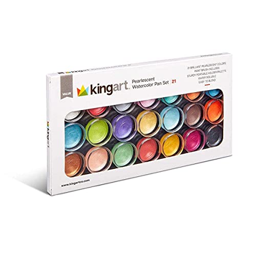 KINGART Set, 21-Colors & Paint Brush Pearlescent Watercolor, Assorted 23 Piece