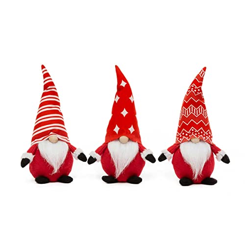 MeraVic Jolly Gnome Trio Red/White with Wood Nose, Wire Hat, White Beard, Arms and Feet Diamond/Chevron/Stripe, Set of 3, 10 Inches, Christmas Decoration