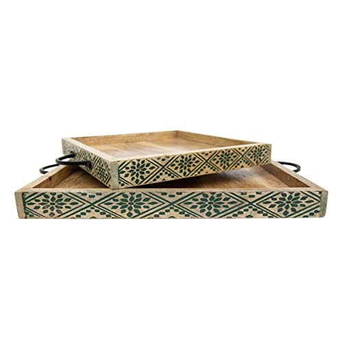 Foreside Home & Garden Set of 2 Carved Green Wood & Metal Trays