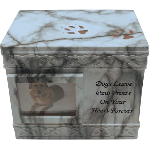 Comfy Hour Loving Memory Collection Memorial Pet Urn with Frame (Dogs Leave Paw Prints on your Heart Forever), Marbling, Ceramic