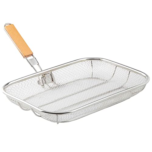 Tablecraft 10818 Rectangular Grilling Basket with Handle, 18.5-inch Width, Stainless Steel and Wood