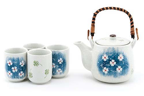 FMC Fuji Merchandise Japanese Sakura Cherry Blossoms Ceramic Tea Pot and 4 Cups Tea Set Asian Home Decor