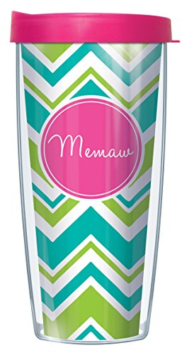 Freeheart Signature Tumblers Memaw Hot Pink Insignia Wrap on Teal and Lime Chevron 16 Ounce Double-Walled Travel Tumbler Mug with Hot Pink Easy Sip Lid