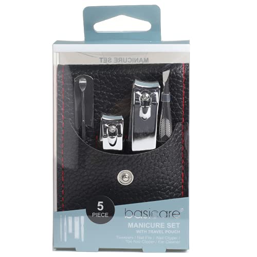 Basicare Manicure kit 5-Piece for Manicure and Pedicure- Nail Clipping Set with Case - Slant Tweezer - Ear cleaner Stainless Steel