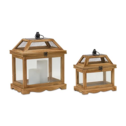 Melrose Decorative Candle Lantern, Set of 2, 9.5" L x 11" H, 12.5" L x 15" H, Wood and Glass, Table or Hanging Holiday Decoration