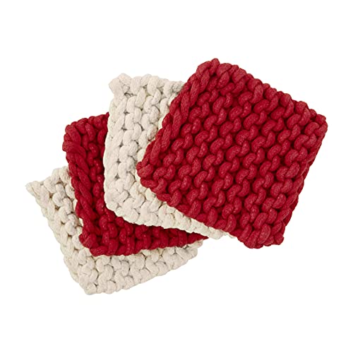 Mud Pie Christmas Crochet Coaster Set, 4" x 4", Red