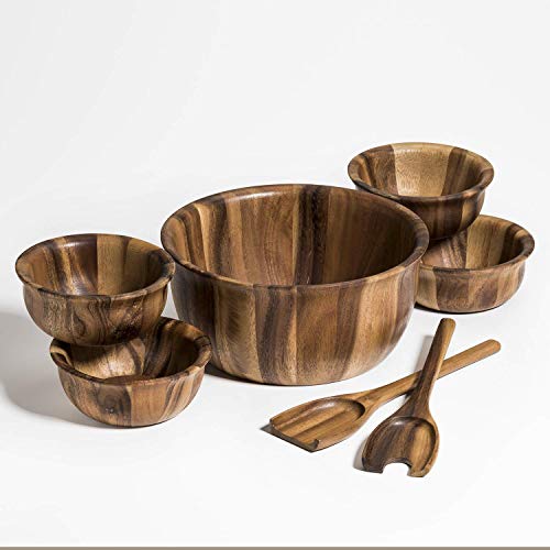 Kalmar Home 11-Inch Acacia Wood Large Soro Salad Bowl with 4 Individuals