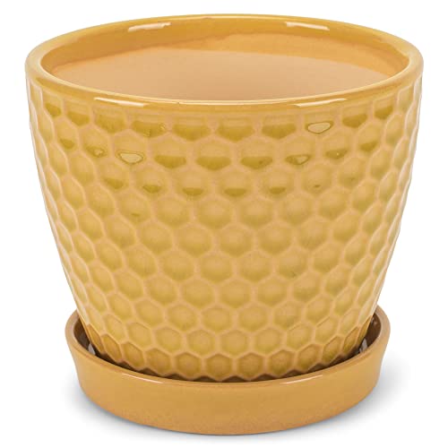 Napco Honeycomb Yellow 4.75 Inch Ceramic Flower Pot Planter with Saucer, Honey Yellow