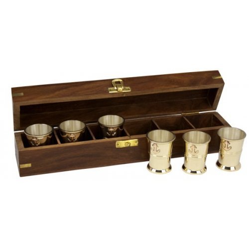 Moby Dick Specialties 6 Brass Shot Glasses w/ Anchors in Custom Wooden