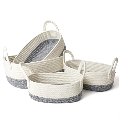 La Jol√≠e Muse 15 Inch Cotton Rope Woven Storage Basket Set of 4, Stackable Multipurpose Organizer Bins with Handles, White & Gray