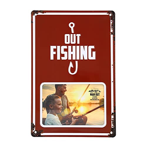 Pavilion - Out Fishing Tin Photo Frame (Holds 6 x 4 Photo), Vintage Style License Plate Frame, Tabletop Picture Rustic Frame, Fishing Gifts Men and Women, 1 Count (Pack of 1), 8‚Äù x 11.75‚Äù, Red