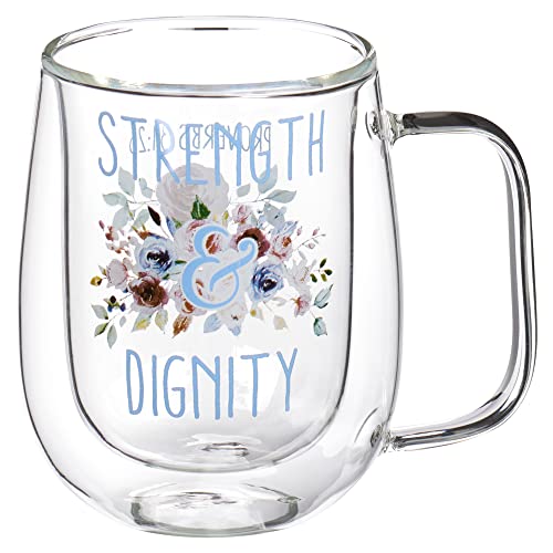 Christian Art Gifts Insulated Glass Coffee and Tea Mug- Strength and Dignity - Proverbs 31:25 Inspirational Bible Verse Cup for Women, Floral Pink