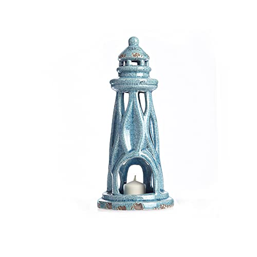 Drew Derose Teal Blue Lighthouse with Wavy Design Tealight Holder Ceramic 10 Inches