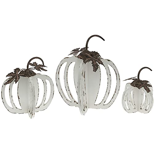 Boston International Fall Autumn Harvest Thanksgiving Tabletop Pumpkin Decoration, Set of 3, White Wood Pumpkins