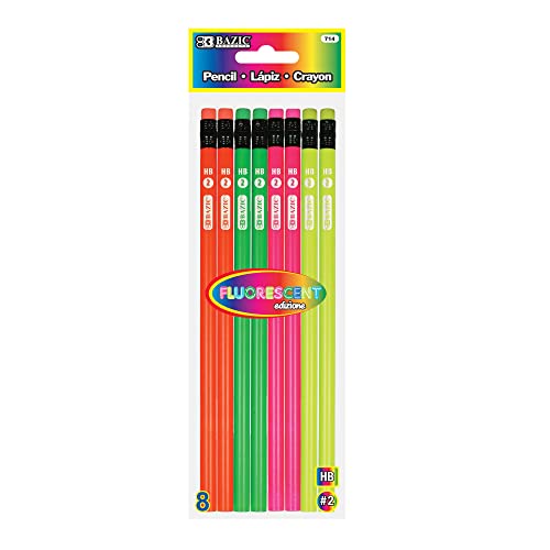 BAZIC Wood Pencil Neon Pencils, Latex Free Eraser, Unsharpened Rewards Pencil for Writing Drawing (8/Pack), 1-Pack