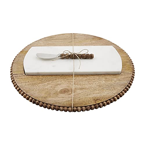 Mud Pie Large Beaded and Marble Inset Serving Board Set, Brown, White, Board 16" Dia | Spreader 6"