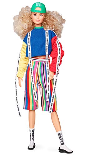 Mattel Barbie BMR1959 Fashion Doll with Curly Blonde Hair, in Color Block Sweatshirt with Logo Tape, Fully Poseable, with Accessories and Doll Stand