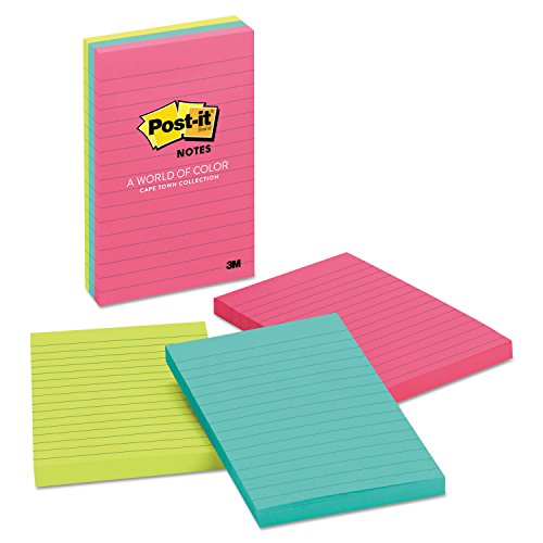 Pens Post-it 6603AN Original Pads in Cape Town Colors, Lined, 4 x 6, 100-Sheet, 3/Pack