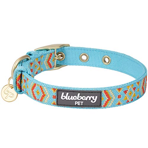 Blueberry Pet 3 Patterns Southwestern Magical Tribal Print Celeste Blue Adjustable Dog Collar with Metal Buckle, Neck 13-16.5", for Medium Breed