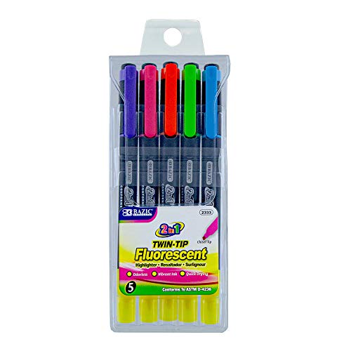 BAZIC Double Tip Neon Highlighters, Chisel Tip Broad Fine Line, Unscented Quick Dry, Highlighting Underlining Coloring Sketchbook Text Books, for Kids School Office (5/Pack), 1-Pack