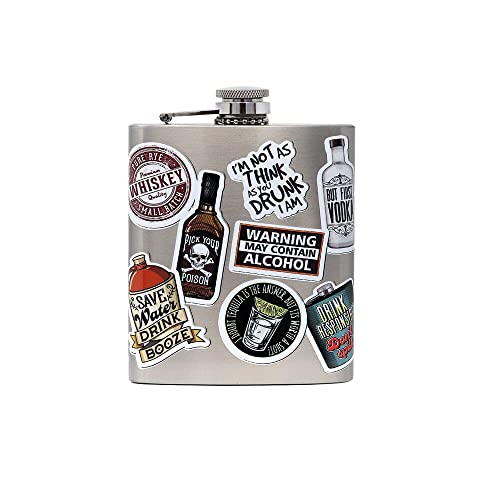 Spoontiques - Stainless Steel Hip Flask - Functional Drinkware - 7 Ounce Liquid Capacity with Stainless Steel Refill Funnel - 4 ¬æ‚Äù Tall - Gift for Birthday, Bachelor or Bachelorette Party - Drinking Sticker Art