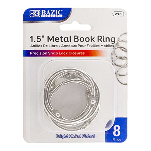 BAZIC 1.5 Inch Silver Metal Book Rings, Loose Leaf Binder Book Flash Cards Keychain Flashcards Index Card Key Ring for School Home Office (8/Pack), 1-Pack