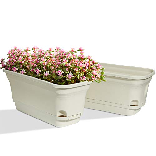 T4U Self Watering Planters Plastic Rectangular Plant Pot, Modern Decorative Flower Pot/Window Box for All House Plants, Flowers, Herbs, African Violets, Succulents - Beige, Set of 2