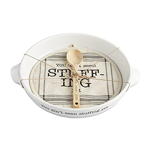 Mud Pie Thanksgiving Circa Stuffing Dish & Pot Holder Set, 2.5" x 12" dia, dish 2 1/2" x 12" dia 8" dia | spoon 9", White
