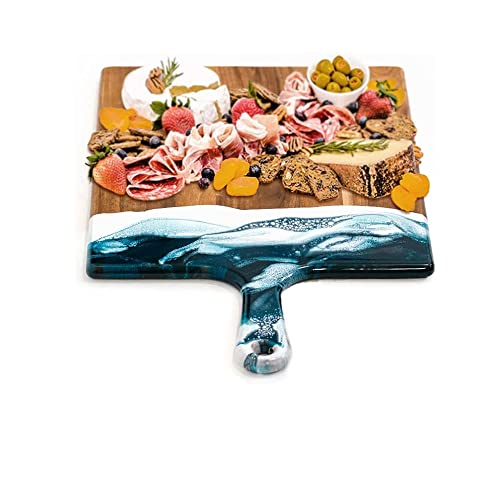 Lynn & Liana Designs Resin Accented Cheese Board, Acacia Wood Charcuterie Tray with Unique Handmade Design and Handle (15x24 Navy, White and Metallic)
