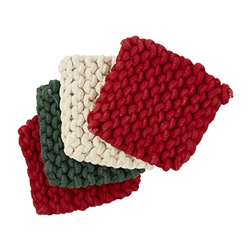 Mud Pie Christmas Crochet Coaster Set,4" x 4", Green