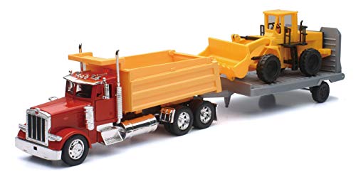 New Ray Toys Peterbilt Dump Truck with Wheel Loader and Flatbed Trailer