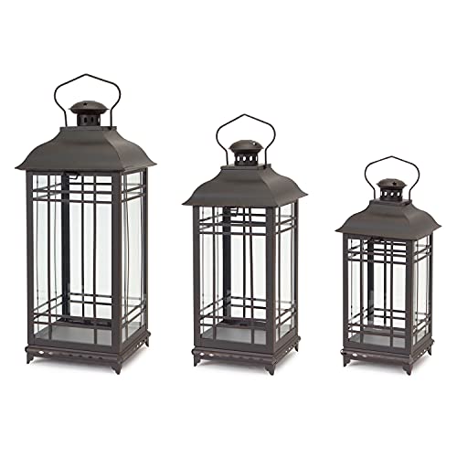 Melrose Black Rust Metal and Glass Decorative Lanterns (set of 3)