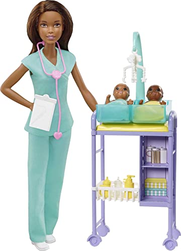 Mattel Barbie Baby Doctor Playset with Brunette Doll, 2 Infant Dolls, Exam Table and Accessories