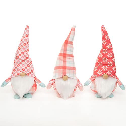 MeraVic Coral Fair Gnome Pink/White/Blue with Wired Hat, Wood Nose, White Beard, Arms and Feet Plaid/Floral, Set of 3, 10.5 Inches, Spring