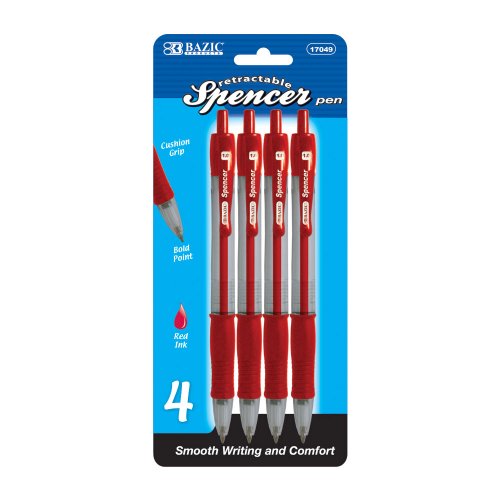 BAZIC Spencer Red Retractable Pen Soft Barrel Grip, 1.0mm Ballpoint Colors Pens for Office Teacher Smooth Writing (4/Pack), 1-Pack