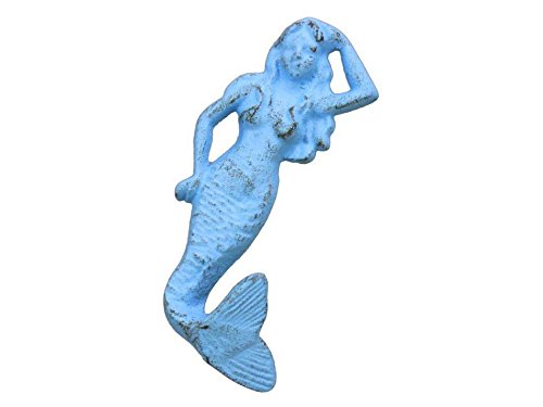 Hampton Iron Handcrafted Nautical Decor Rustic Light Blue Cast Iron Mermaid Hook 6" - Cast Iron Decoration - Antique Vi
