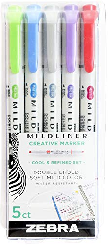 ZEBRA PEN Mildliner Double Ended Highlighter Set Broad and Fine Point Tips, 5 Pack, Assorted Cool and Refined