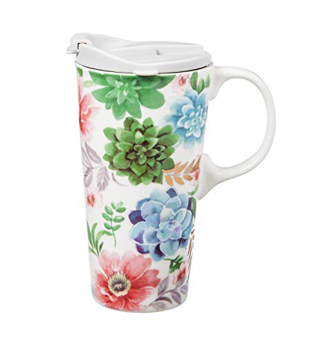 Evergreen Fresh Succulents Ceramic Travel Cup - 5 x 7 x 4 Inches