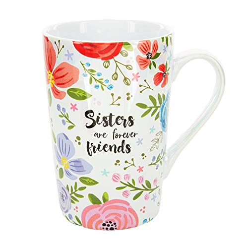 Pavilion Gift Company Sisters Are Forever Friends 15 Oz Stoneware Iridescent Floral Latte Coffee Cup Mug, White