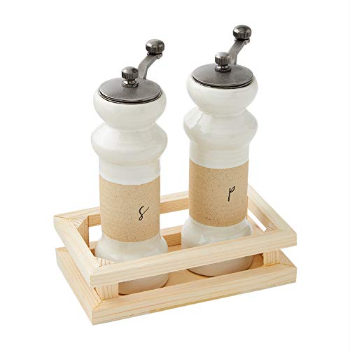Mud Pie Stoneware Salt and Pepper Grinders in Crate, 5 3/4" x 1 3/4" 1 1/2" x 4 1/2", Tan
